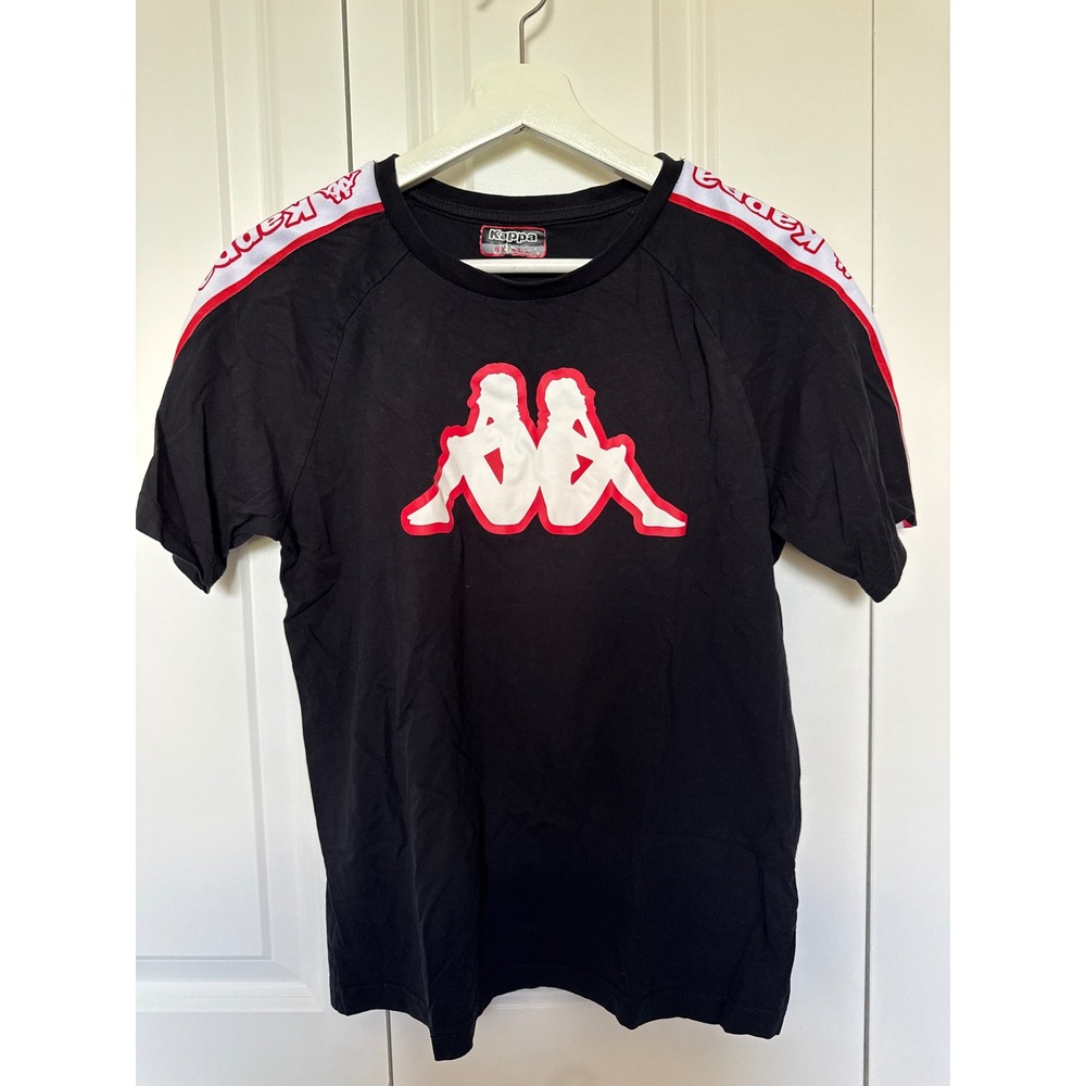 Vintage Kappa Logo T-Shirt Black Red White Tape Sleeve Graphic Tee Small